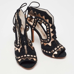 Pre Owned Sophia Webster Black/Metallic Suede and Leather Riko Peep Toe Ankle Tie Sandals Size 36