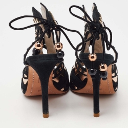 Pre Owned Sophia Webster Black/Metallic Suede and Leather Riko Peep Toe Ankle Tie Sandals Size 36