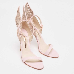 Pre Owned Sophia Webster  Pink Leather and Glitter Evangeline Ankle Strap Sandals Size 38.5