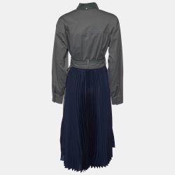 Pre Owned Sportmax Green/Navy Blue Cotton Plisse Belted Midi Dress S