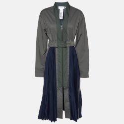 Pre Owned Sportmax Green/Navy Blue Cotton Plisse Belted Midi Dress S