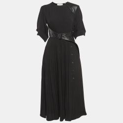 Pre Owned Sportmax Black Leather Trim Crepe Pleated Midi Dress S