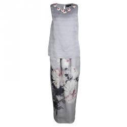 St. John Grey Silk Floral Embellished Top and Printed Maxi Skirt Set M