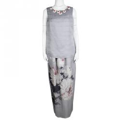 St. John Grey Silk Floral Embellished Top and Printed Maxi Skirt Set M