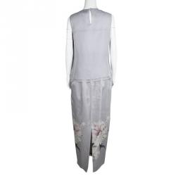 St. John Grey Silk Floral Embellished Top and Printed Maxi Skirt Set M