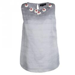 St. John Grey Silk Floral Embellished Top and Printed Maxi Skirt Set M