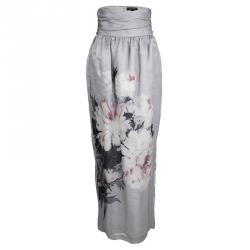 St. John Grey Silk Floral Embellished Top and Printed Maxi Skirt Set M