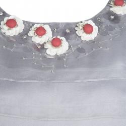 St. John Grey Silk Floral Embellished Top and Printed Maxi Skirt Set M
