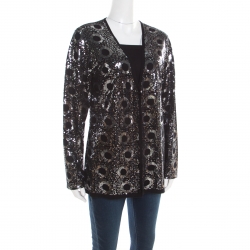 Pre Owned St. John Black Silk and Cashmere Knit Sequin Embellished Cardigan L