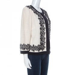 Pre Owned St. John Cream and Black Floral Applique Knit Jacket XL