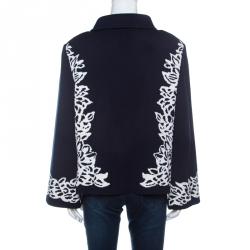 St. John Navy Blue Floral Patterned Knit Flared Sleeve Jacket XL 