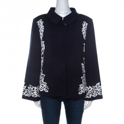 St. John Navy Blue Floral Patterned Knit Flared Sleeve Jacket XL 
