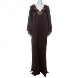 St. John Brown Stretch Silk Beaded Trim Kaftan Dress L