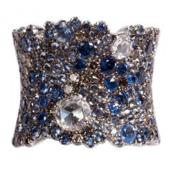 Stefan Hafner Fancy Sapphire and Diamond 18K White Gold Band Ring Size 54