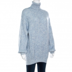 Pre Owned Stella McCartney Mottled Blue Wool and Mohair Blend Rib Knit Turtleneck Sweater L