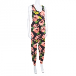 Pre Owned Stella McCartney Black Floral Intarsia Knit Waist Tie Detail Jumpsuit M