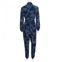 Pre Owned Stella McCartney Black and Blue Floral Printed Silk Belted Natalia Jumpsuit M