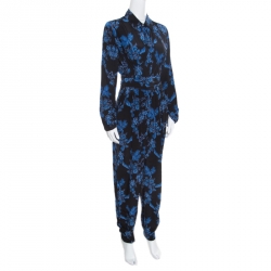 Pre Owned Stella McCartney Black and Blue Floral Printed Silk Belted Natalia Jumpsuit M