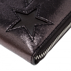 Pre Owned Stella McCartney Metallic Black Faux Leather Stars Zip Around Wallet