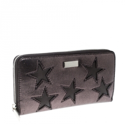 Pre Owned Stella McCartney Metallic Black Faux Leather Stars Zip Around Wallet