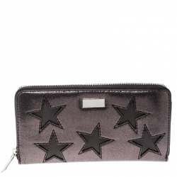 Pre Owned Stella McCartney Metallic Black Faux Leather Stars Zip Around Wallet