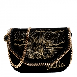 Pre Owned Stella McCartney Black Velvet Volcano Embroidered Mini Falabella Shoulder Bag