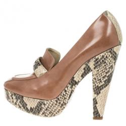 مملوكة مسبقًا Stella McCartney Brown Faux Leather Python Effect Mary Platform Loafer Pumps Size 39