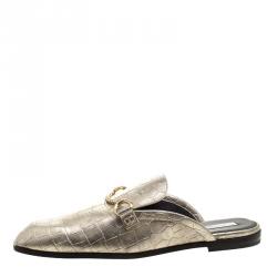 Pre Owned Stella McCartney Metallic Faux Croc Effect Leather Slip On Loafers Size 40