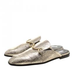Pre Owned Stella McCartney Metallic Faux Croc Effect Leather Slip On Loafers Size 40