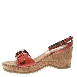 Pre Owned Stella McCartney Imperial Red Faux Patent Leather Linda Cork Wedge Sandals Size 41