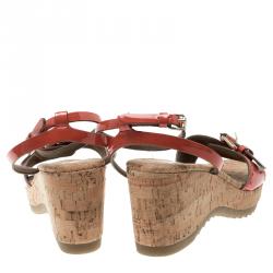Pre Owned Stella McCartney Imperial Red Faux Patent Leather Linda Cork Wedge Sandals Size 41