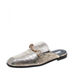 Stella McCartney Metallic Gold Faux Croc Embossed Leather Chain Trim Flat Slides Size 37