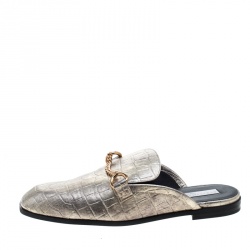 Stella McCartney Metallic Gold Faux Croc Embossed Leather Chain Trim Flat Slides Size 37