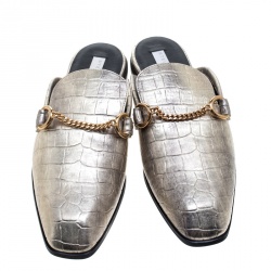 Stella McCartney Metallic Gold Faux Croc Embossed Leather Chain Trim Flat Slides Size 37