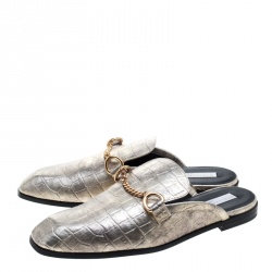 Stella McCartney Metallic Gold Faux Croc Embossed Leather Chain Trim Flat Slides Size 37