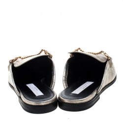 Stella McCartney Metallic Gold Faux Croc Embossed Leather Chain Trim Flat Slides Size 37