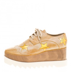 Pre Owned Stella McCartney Beige Brushed Faux Leather Elyse Star Platform Lace Up Derby Size 39.5