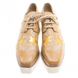 Pre Owned Stella McCartney Beige Brushed Faux Leather Elyse Star Platform Lace Up Derby Size 39.5