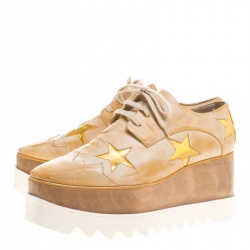 Pre Owned Stella McCartney Beige Brushed Faux Leather Elyse Star Platform Lace Up Derby Size 39.5