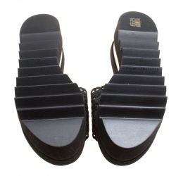 Pre Owned Stella McCartney Black Faux Leather Floral Eyelet Embroidered Platform Slides Size 38