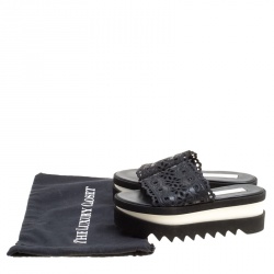 Pre Owned Stella McCartney Black Faux Leather Floral Eyelet Embroidered Platform Slides Size 38