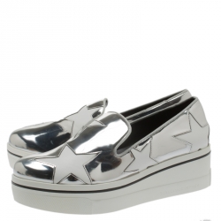 Pre Owned Stella McCartney Metallic Silver Faux Leather Binx Star Platform Slip On Sneakers Size 40