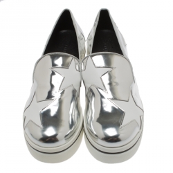 Pre Owned Stella McCartney Metallic Silver Faux Leather Binx Star Platform Slip On Sneakers Size 40