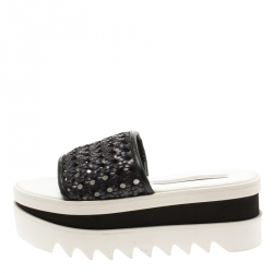 Pre Owned حذاء سلايدز ستيلا ماكرتني نعل سميك ويكر جلد مغزول صناعي أسود مقاس 37