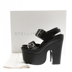 Pre Owned Stella McCartney Black Faux Leather Buckle Block Heel Platform Sandals Size 37.5