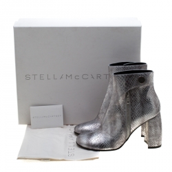Pre Owned Stella McCartney Metallic Silver Python Embossed Faux Leather Ankle Boots Size 38
