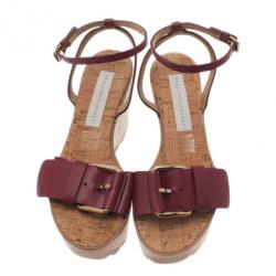 Pre Owned Stella McCartney Bordeaux Faux Leather Buckle Ankle Strap Wedges Size 38