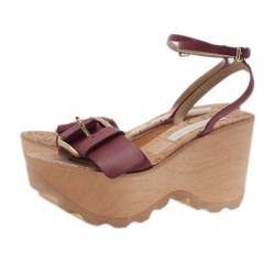 Pre Owned Stella McCartney Bordeaux Faux Leather Buckle Ankle Strap Wedges Size 38