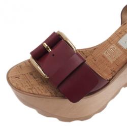 Pre Owned Stella McCartney Bordeaux Faux Leather Buckle Ankle Strap Wedges Size 38