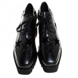 Pre Owned Stella McCartney Black Faux Leather And Velvet Elyse Star Platform Lace Up Booties Size 40